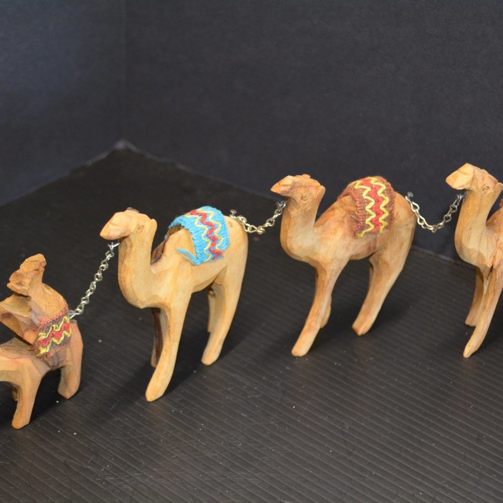 Vintage Wood Carved Christmas Nativity Donkey Camel Caravan Train Linked Figures